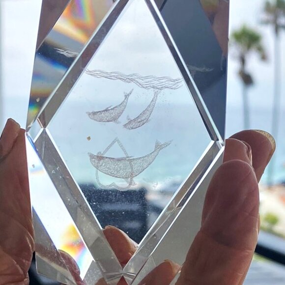 Clear Crystal Glass Paperweight Fish Swimming Through Heart Diamond Shape Angled - Picture 3 of 4